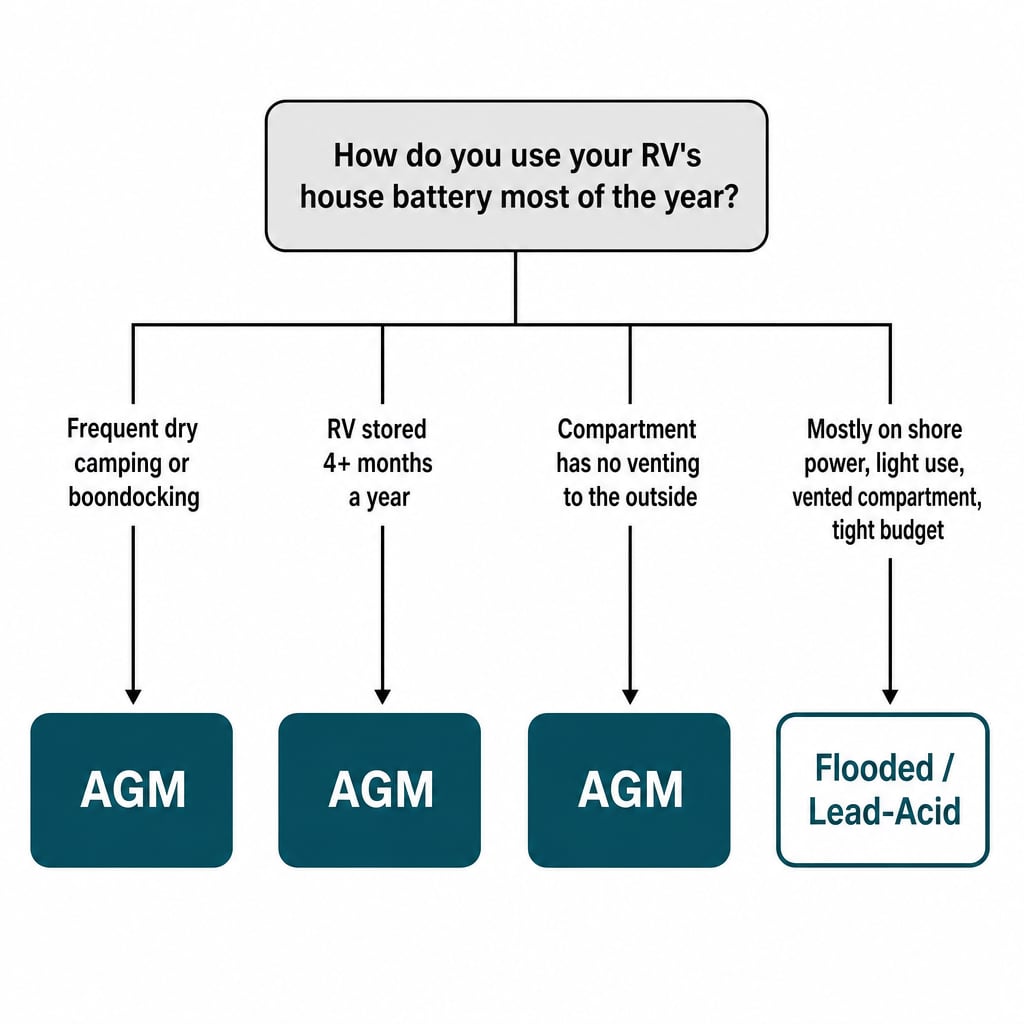 Decision tree: dry camping, long storage, or no venting points to AGM; light shore-power use points to flooded lead-acid