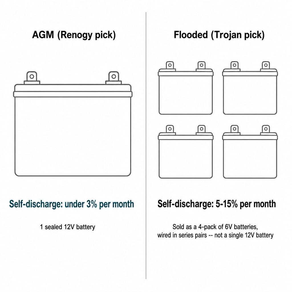 AGM: 1 sealed 12V battery, under 3% loss per month. Flooded: a 4-pack of 6V batteries, 5-15% per month, needs watering.