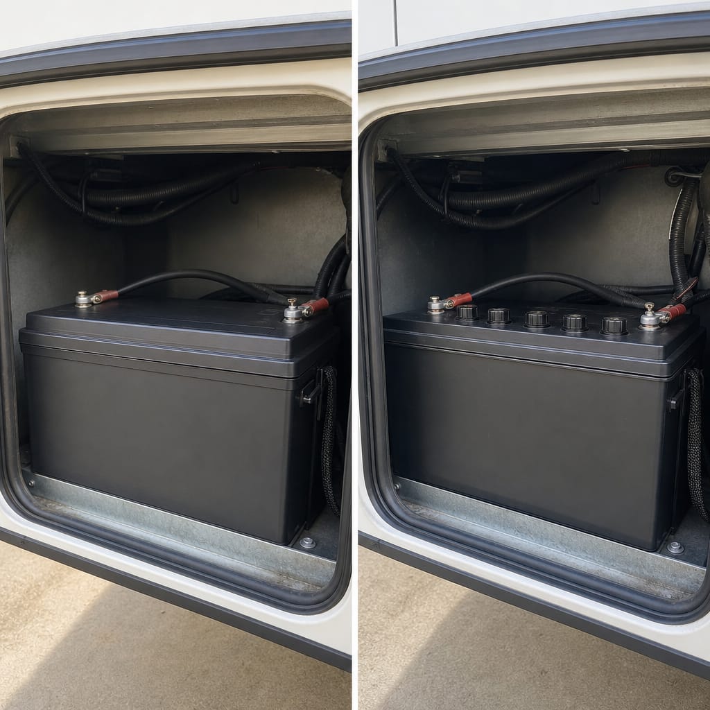 RV battery compartment with two different battery case types side by side, daylight, no brand logos visible