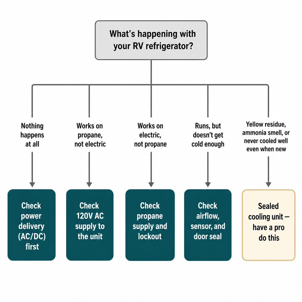 Decision tree matching 5 RV refrigerator symptoms to what to check first, with the sealed-system case routed straight to a professional