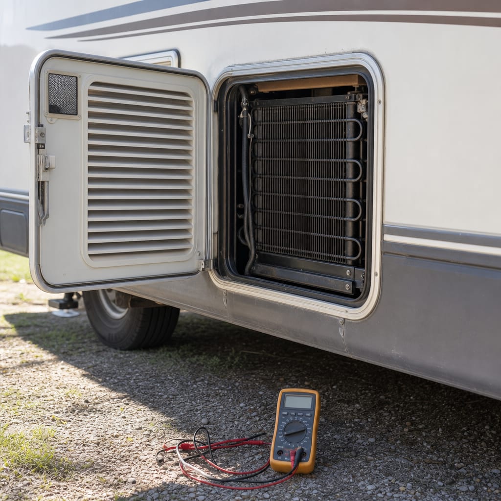 RV exterior refrigerator vent panel with cooling fins visible and a multimeter nearby, daylight, no brand markings