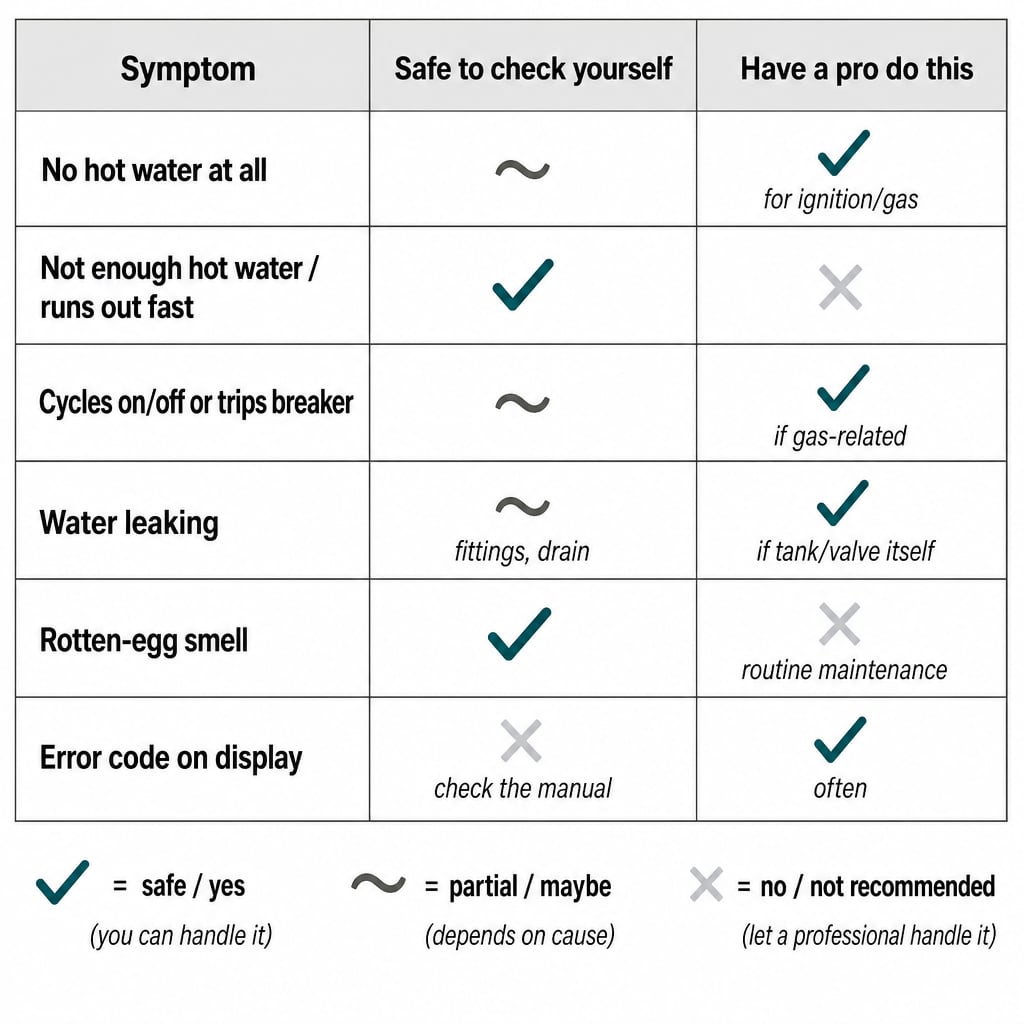 Matrix matching 6 RV water heater symptoms to whether they're safe to check yourself or need a professional