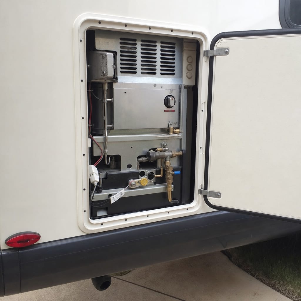 RV exterior water heater access door open, control panel and valves visible in daylight, no brand markings