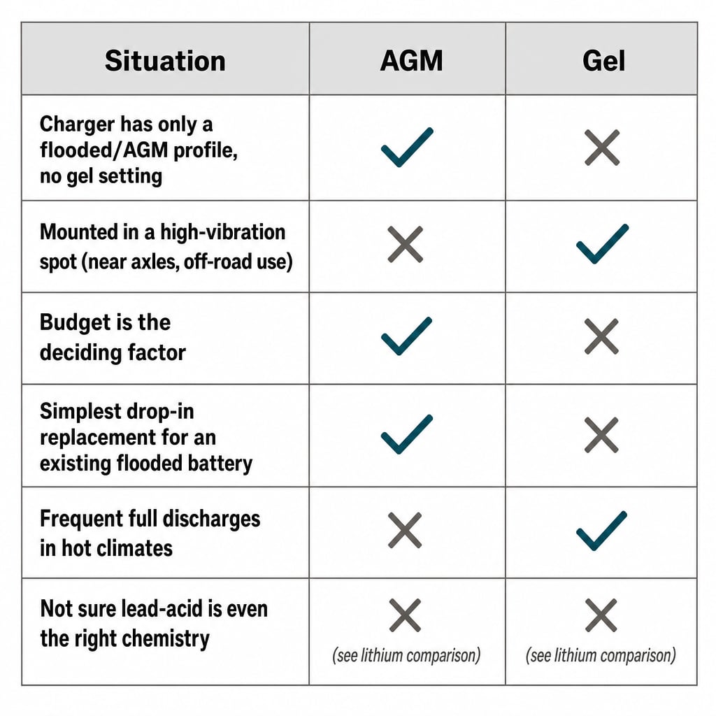Matrix matching charger profile, mounting vibration, budget, and climate to a better-choice recommendation: AGM or gel