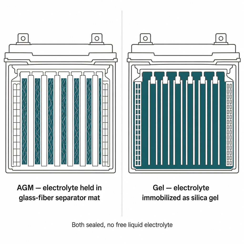 Cutaway comparison of AGM glass-mat and gel silica-electrolyte construction in two sealed deep-cycle batteries