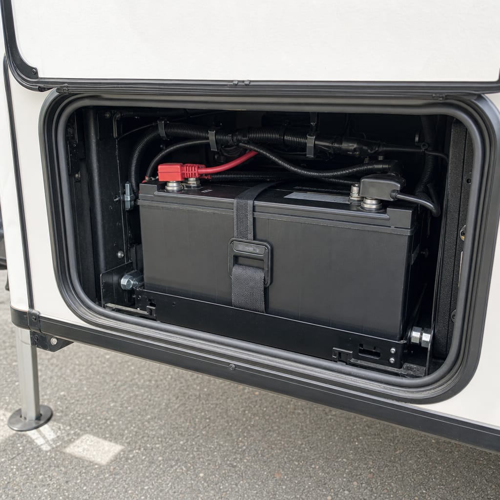 Sealed 12-volt deep-cycle battery installed in an RV battery compartment, daylight, no visible brand markings