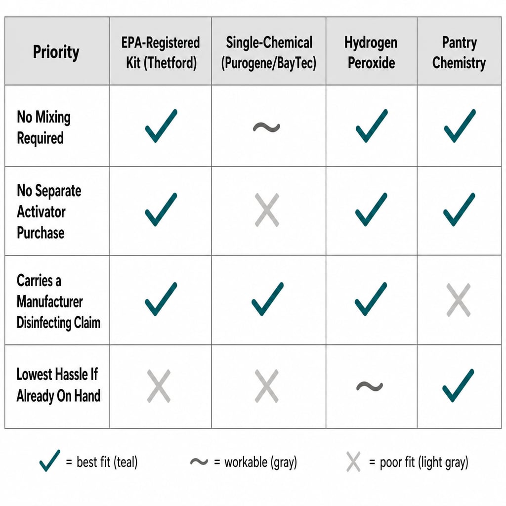Matrix comparing 4 bleach-free RV tank methods on mixing, extra purchases, and disinfecting claims