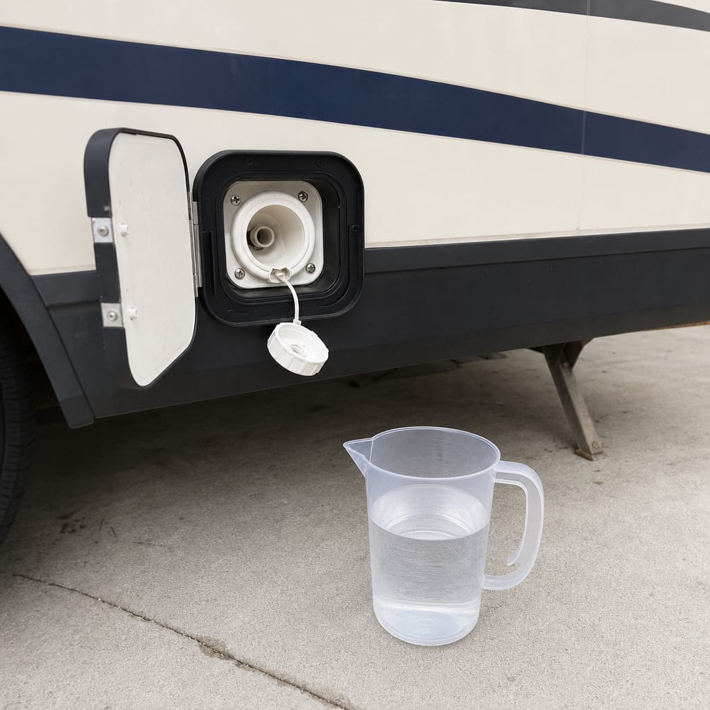 RV fresh water gravity-fill port open, with a plain unlabeled measuring container of clear liquid beside it, daylight