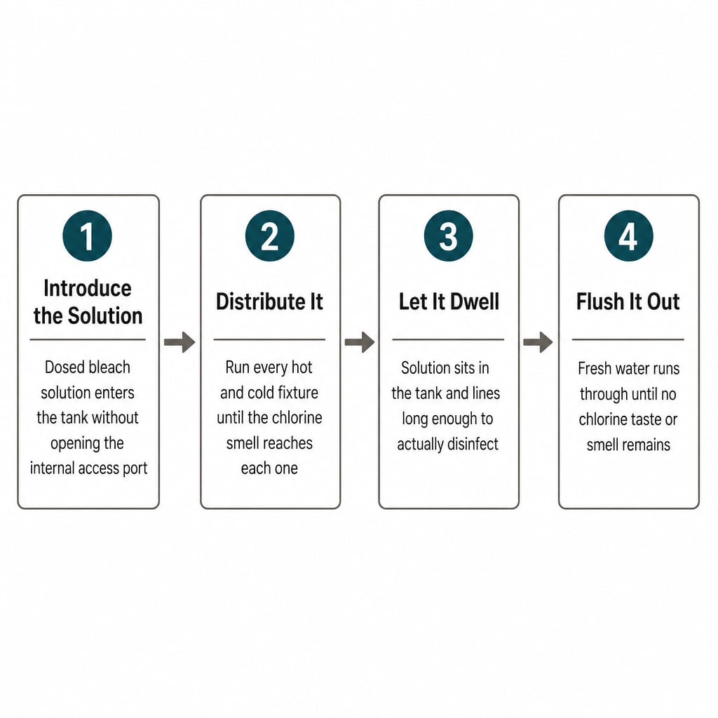 Four-step RV tank sanitizing flow: introduce solution, distribute, dwell, then flush