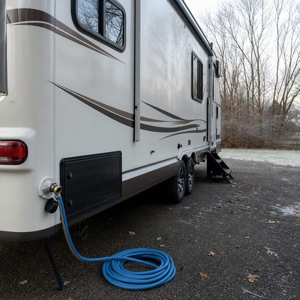 RV parked outdoors in late-autumn cold with a water hose disconnected, suggesting seasonal shutdown of the water system" (123 chars)