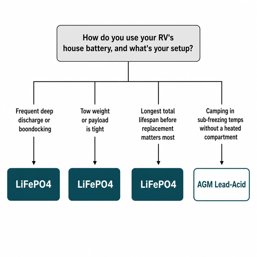 Decision tree: boondocking, tight tow weight, or long storage points to LiFePO4; unheated cold use points to AGM lead-acid