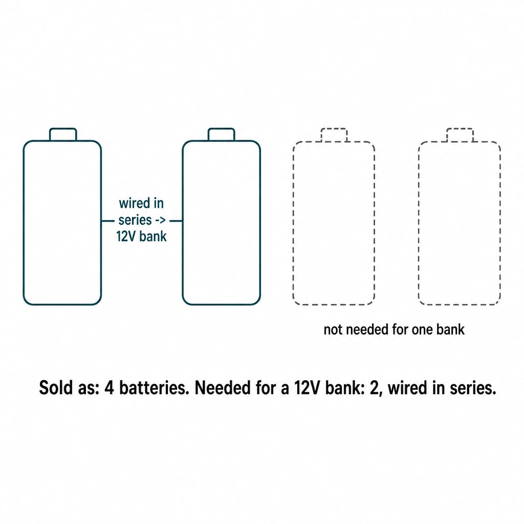 Trojan T-105 flooded battery sold as a pack of 4; a 12V RV bank needs only 2 wired in series, 2 unused