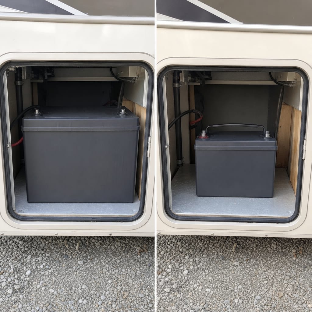 RV battery compartment split view: a large heavy battery case beside a smaller compact one, daylight, no brand logos