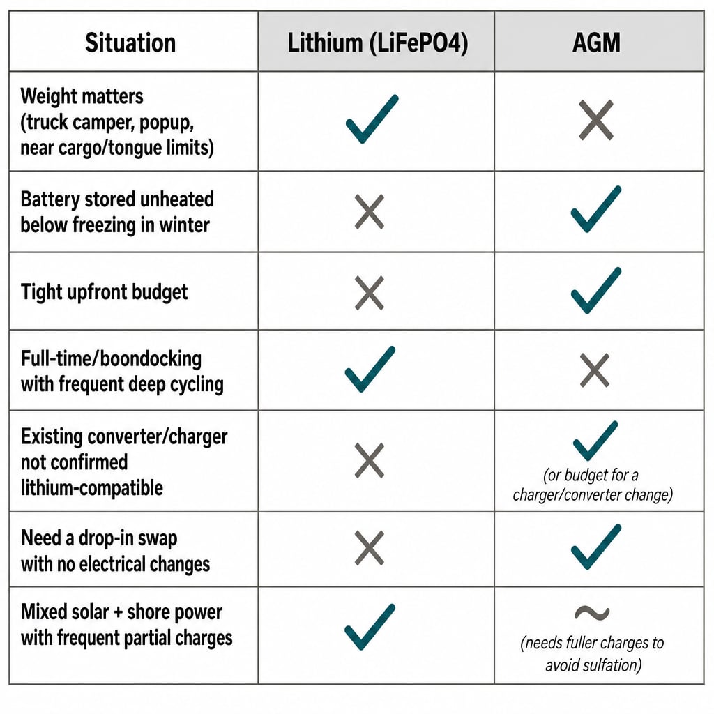 Matrix matching weight, cold storage, budget, and charging situations to a recommended chemistry: lithium or AGM