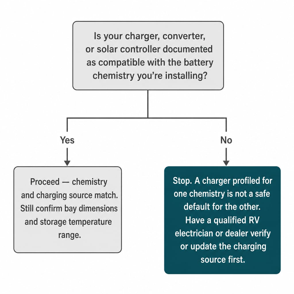 Decision tree: confirm your charger's profile matches the battery chemistry before switching, or stop and have it checked