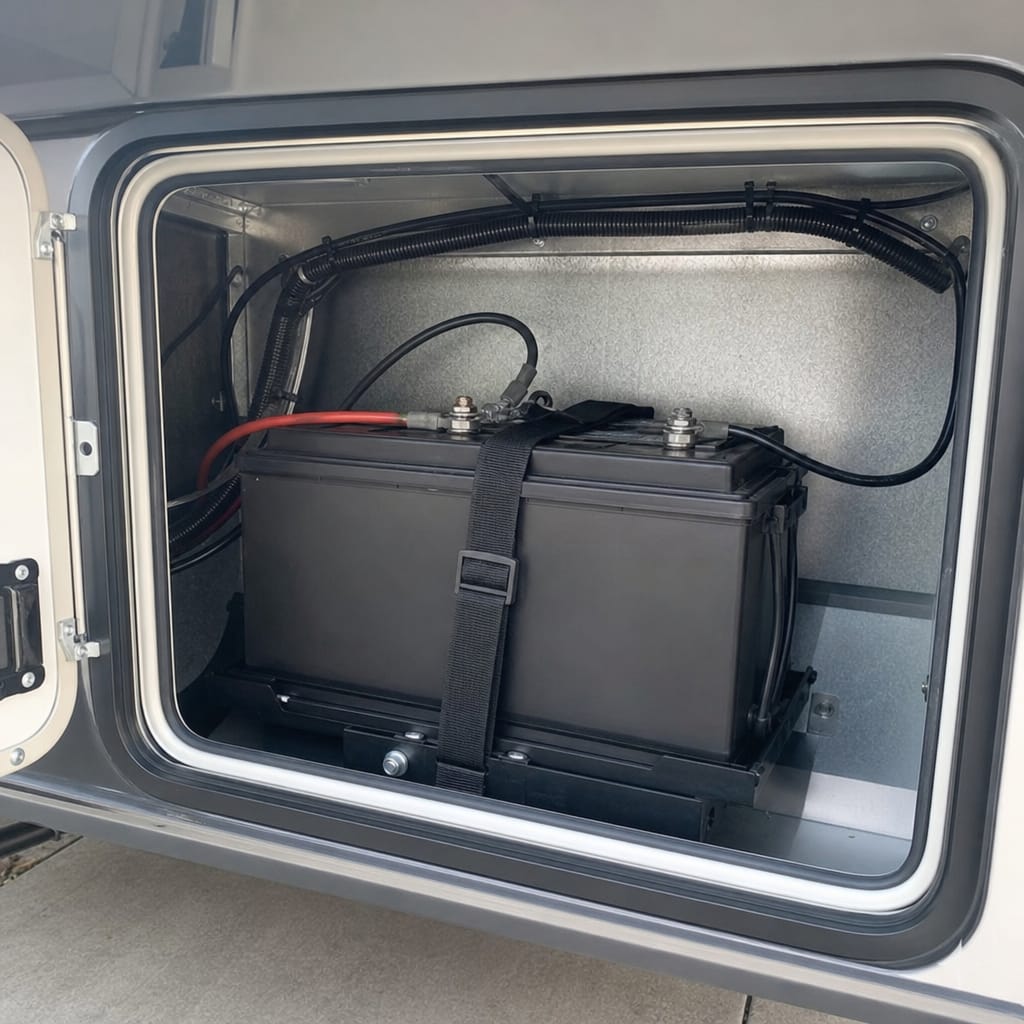 Sealed 12-volt deep-cycle battery mounted in an RV battery bay, daylight, no visible brand or model markings