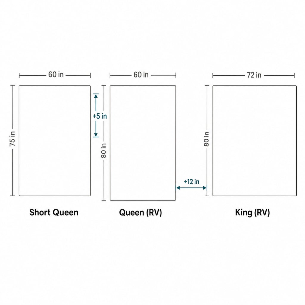 Top-down size comparison of RV mattress classes: Short Queen 60x75 inches, Queen 60x80 inches, King 72x80 inches