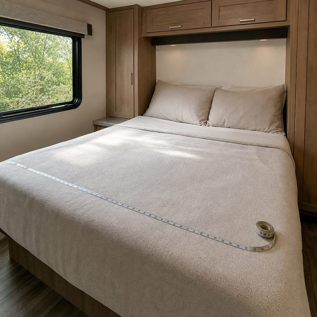 Made-up queen bed inside an RV bedroom slide-out, daylight through the window, a tape measure resting on the mattress edge