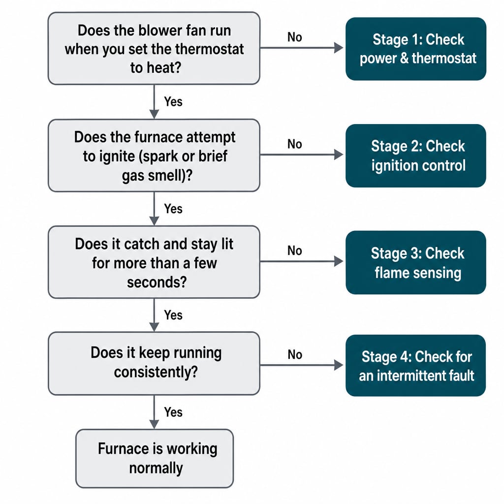 Decision tree routing four RV furnace symptoms to four diagnostic stages