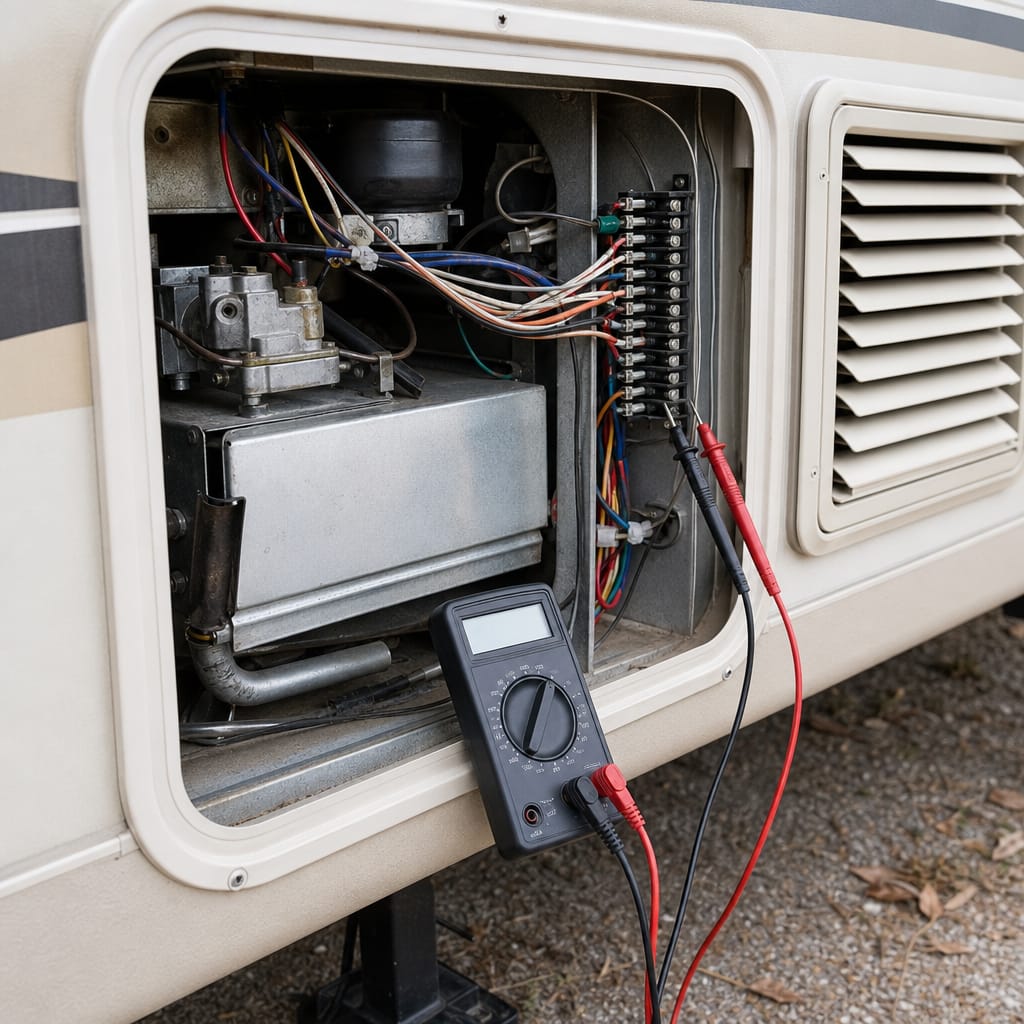 RV furnace access panel open with a multimeter testing wiring near the connector, daylight, no brand markings