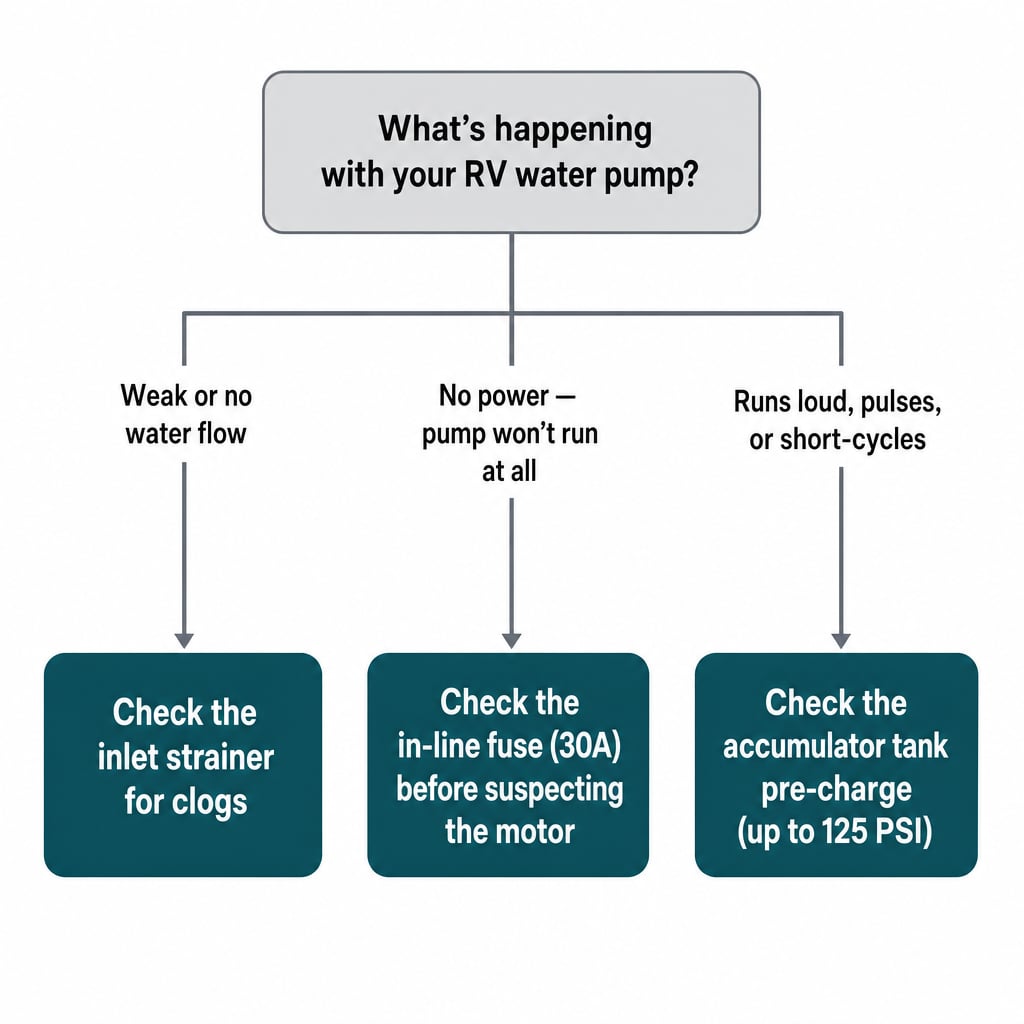 Decision tree showing three RV water pump symptoms — weak flow, no power, and loud pulsing — each traced to a specific part to check