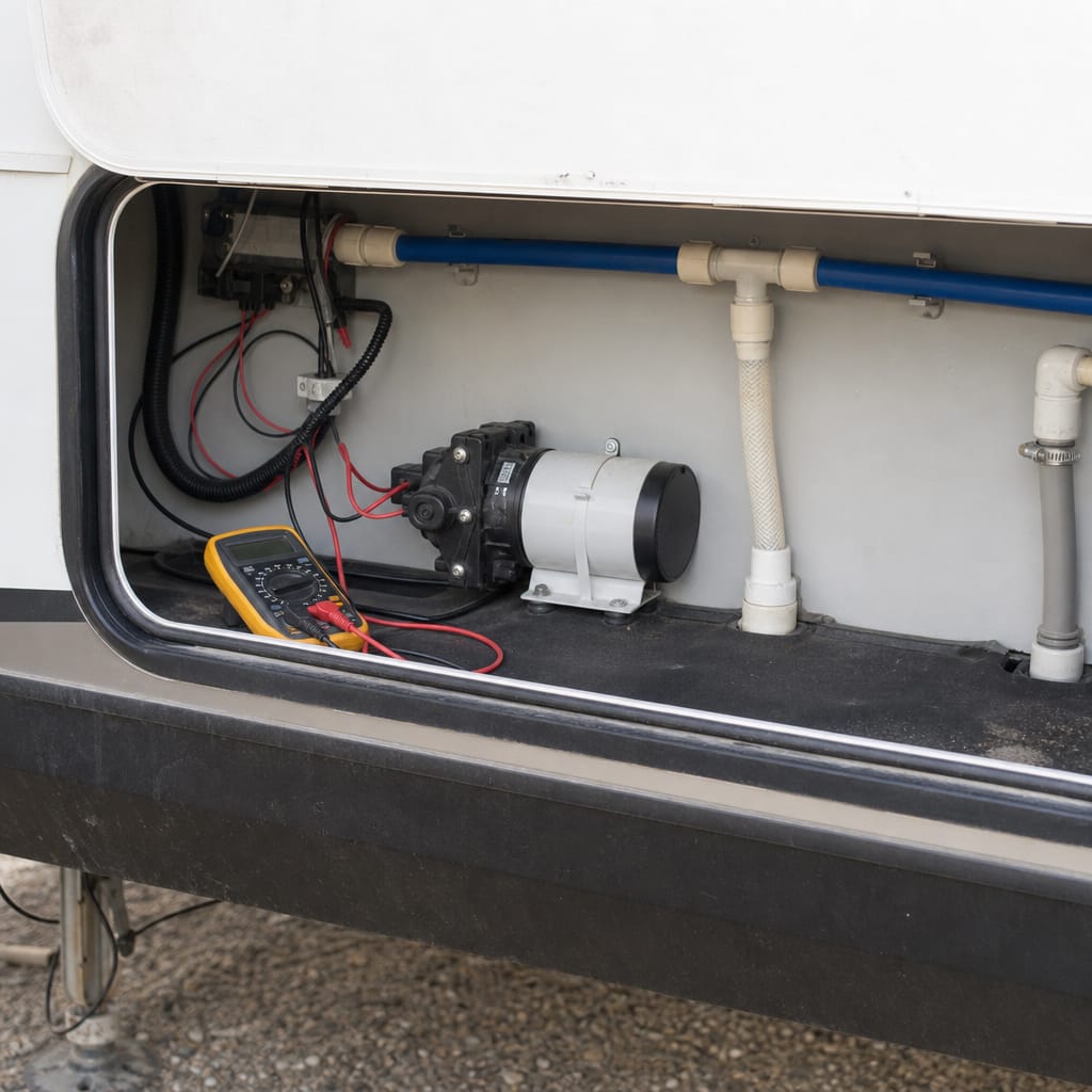 RV water pump compartment with a multimeter nearby for diagnostic checks, daylight, no brand logos visible