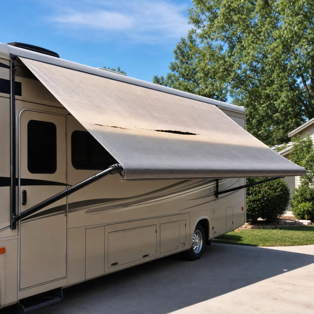 RV side awning extended, fabric panel visibly torn and sun-faded, parked in a driveway, daylight