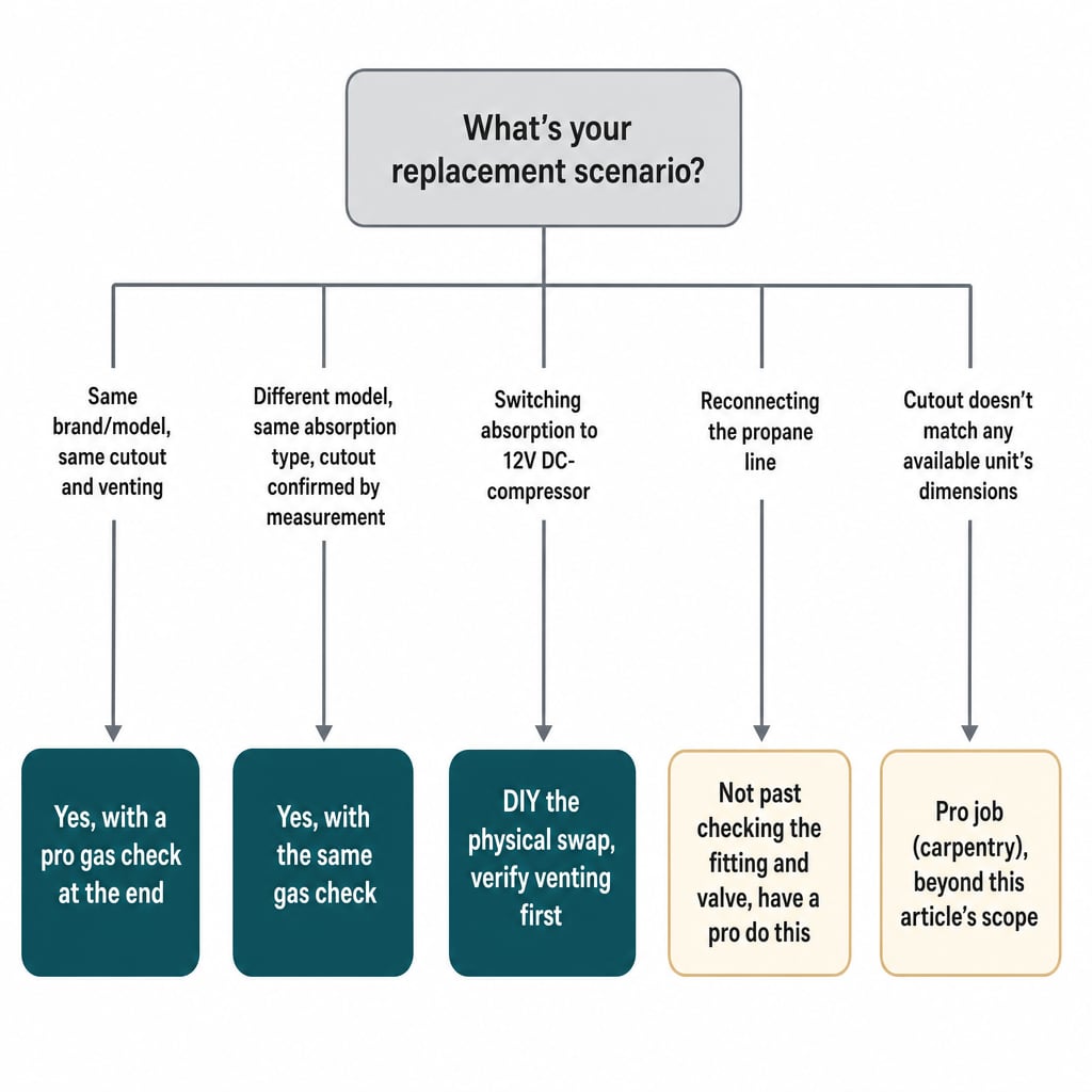 Decision tree matching 5 RV refrigerator replacement scenarios to whether the job is DIY-feasible or needs a professional
