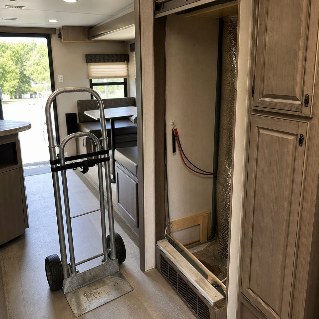 RV refrigerator cutout left empty, cabinet door open, a hand truck staged in the hallway outside, daylight