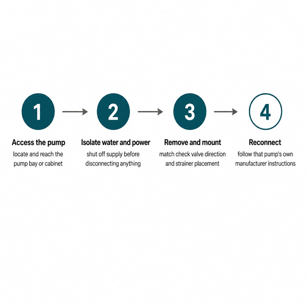 Four-phase overview of an RV water pump swap: access the pump, isolate water and power, remove and mount, reconnect and follow the manufacturer's instructions