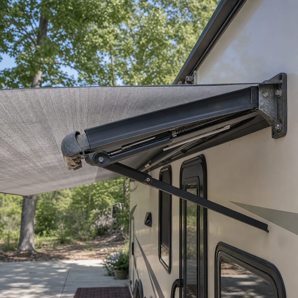 RV patio awning arm hardware close up showing a weathered mounting bolt and worn fabric edge, awning extended in daylight