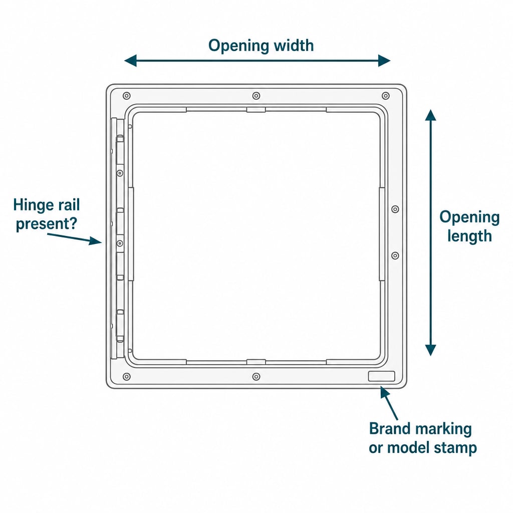 Top-down diagram of an RV roof vent opening with arrows to opening width, opening length, hinge rail, and base marking