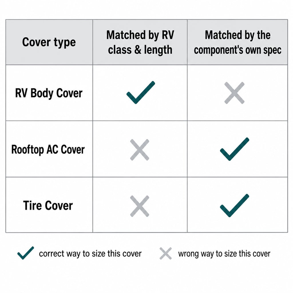 Matrix: RV body cover sized by RV class/length; AC and tire covers sized by their own component spec, not RV class