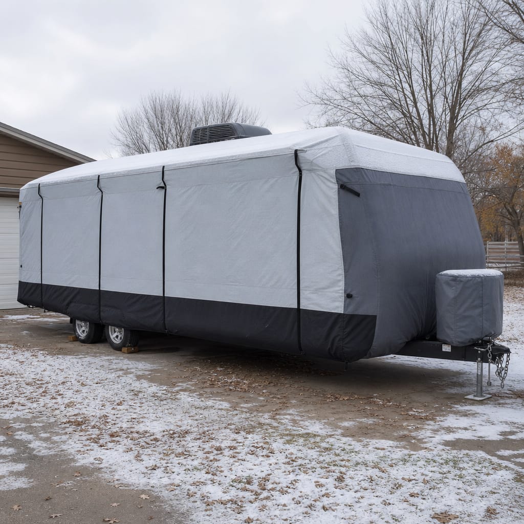 RV body cover fitted over a travel trailer in a snowy driveway, rooftop AC unit