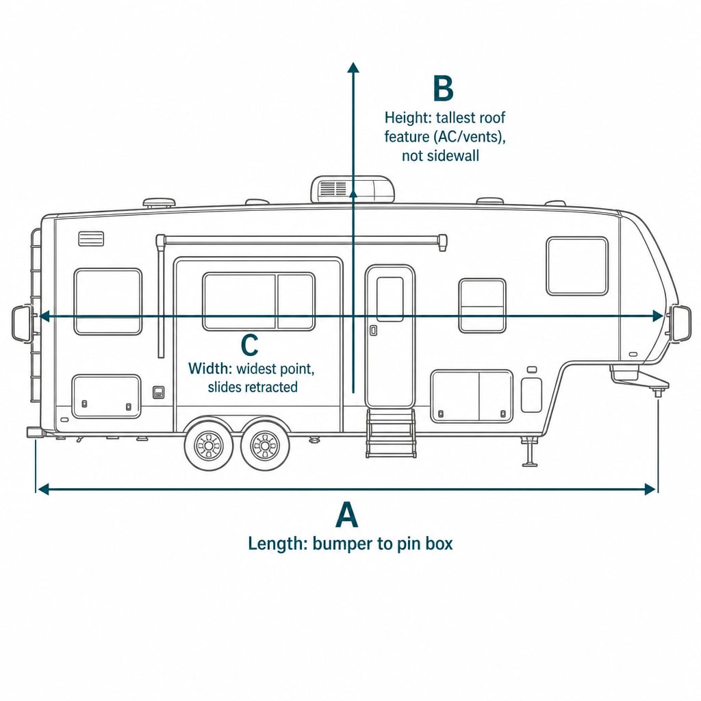 Fifth wheel trailer side-view diagram with arrows marking length bumper-to-pin-box and height at the tallest roof feature