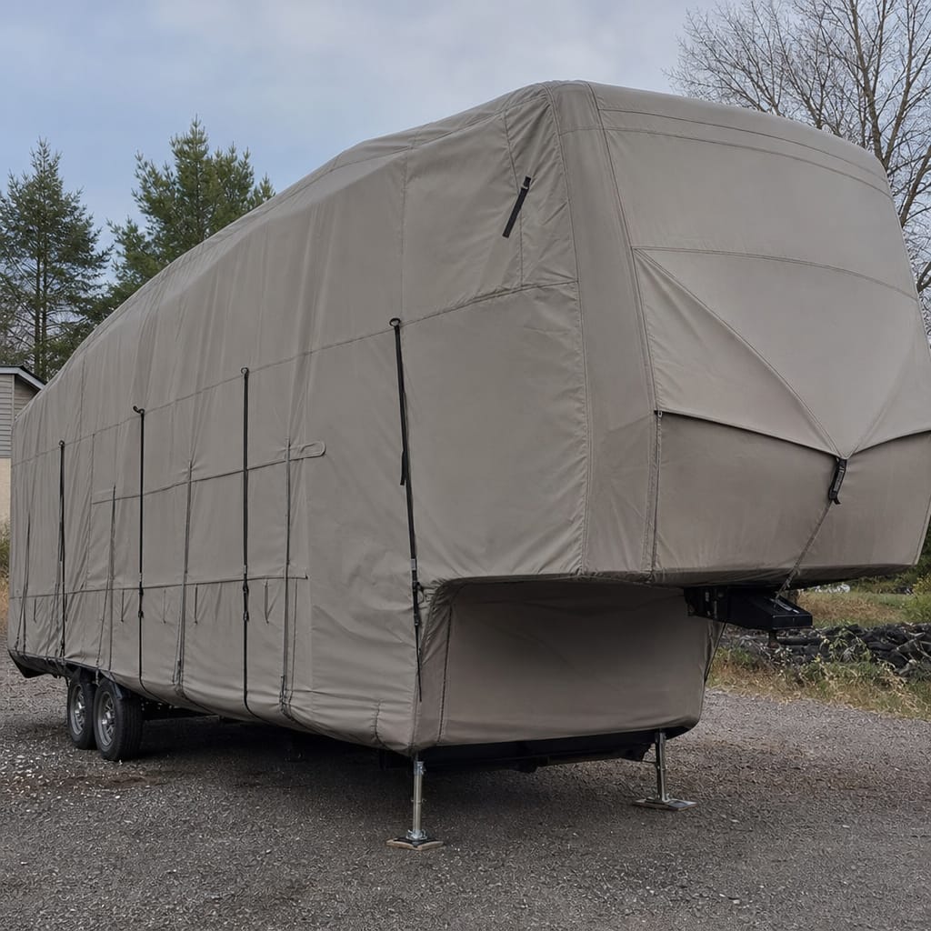 Fifth wheel trailer fitted with a neutral tan cover at an outdoor storage lot, daylight, no brand markings visible