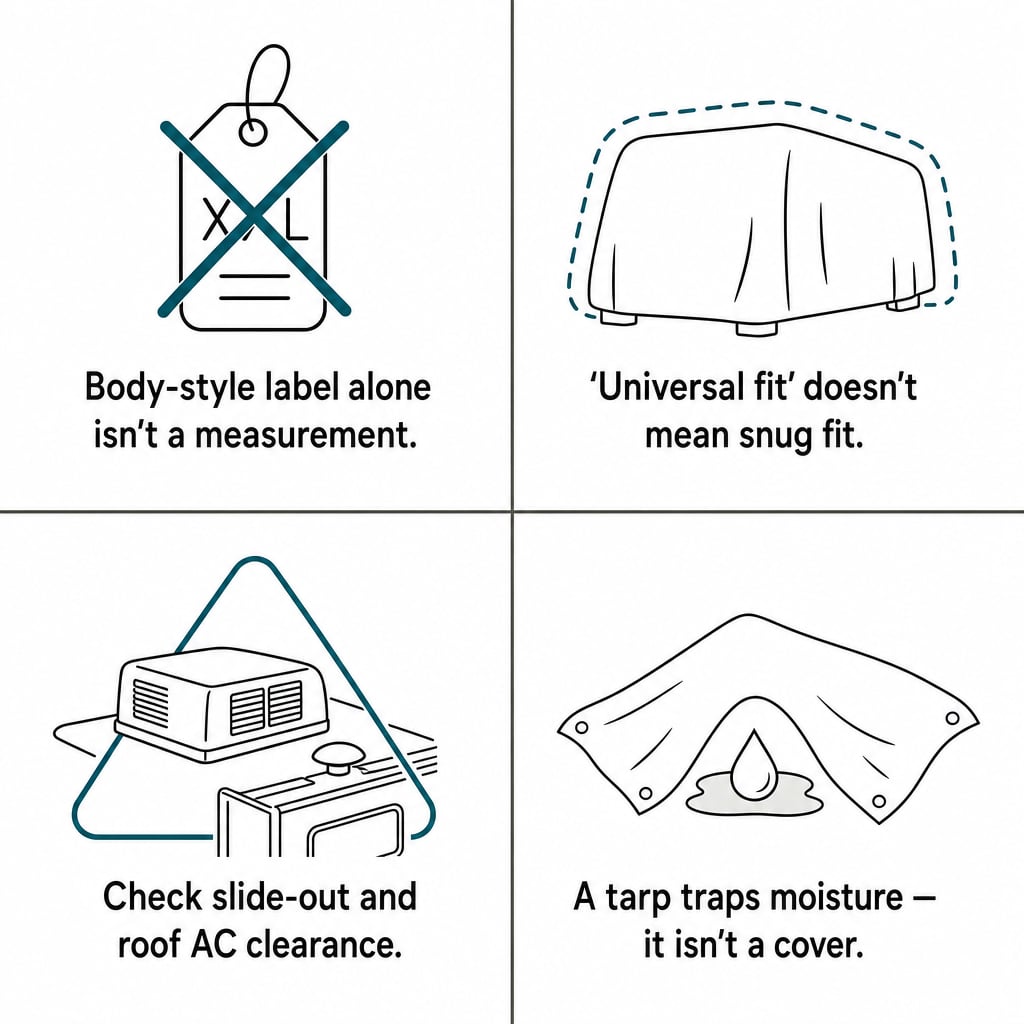 Four RV cover buying mistakes: body-style label alone, universal-fit assumption, missed slide-out or AC clearance, tarp as substitute