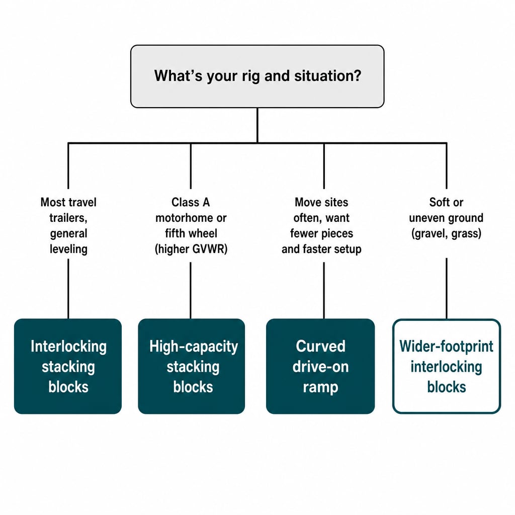 Decision tree matching RV type and situation to leveling block or ramp type, 4 parallel branches