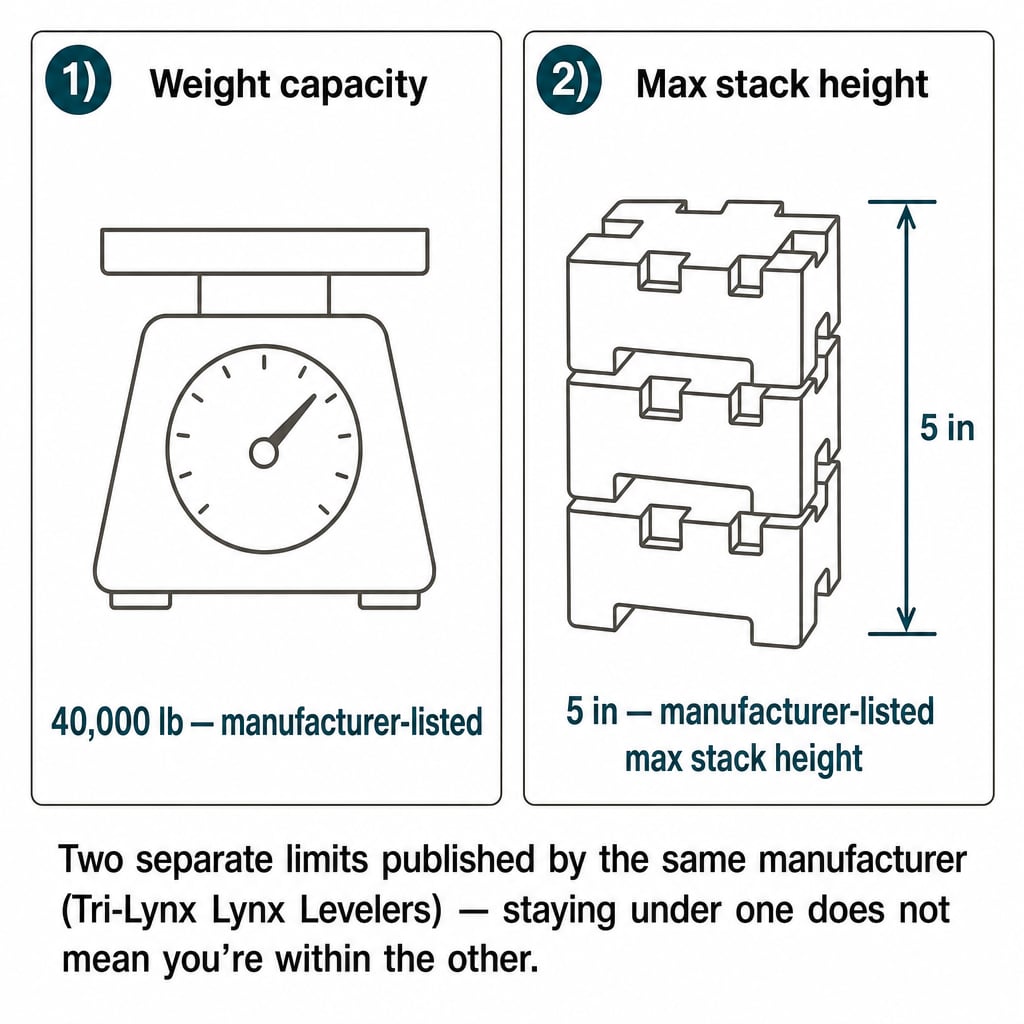 Tri-Lynx leveling blocks: manufacturer lists 40,000 lb weight capacity and a separate 5-inch max stack height