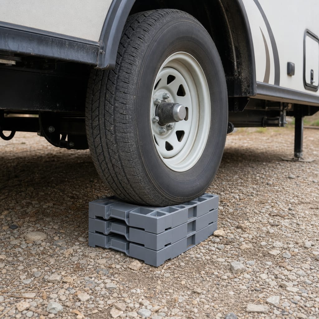 RV trailer tire resting on a stack of leveling blocks at a gravel campsite, daylight, no brand markings visible
