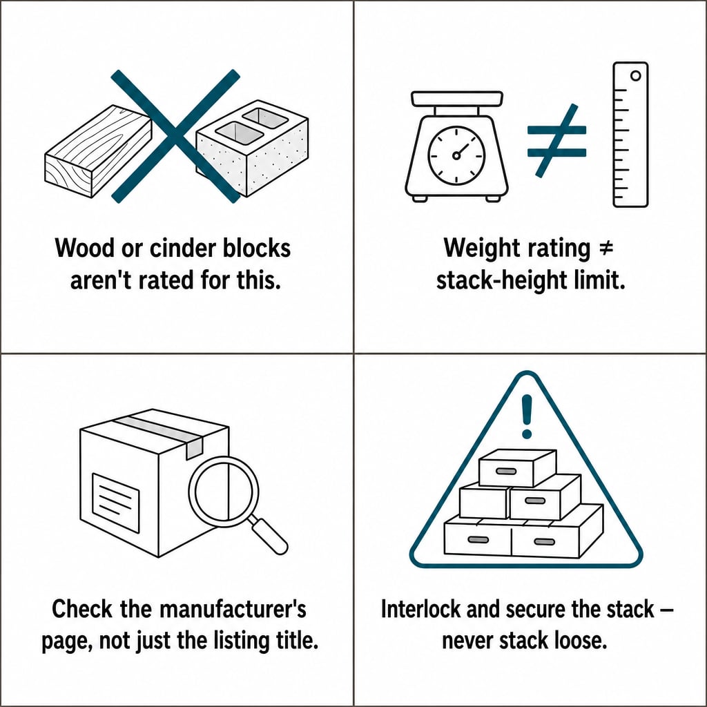 Four RV leveling block mistakes: unrated wood blocks, weight vs stack-height mixup, pack-size assumptions, loose stacking