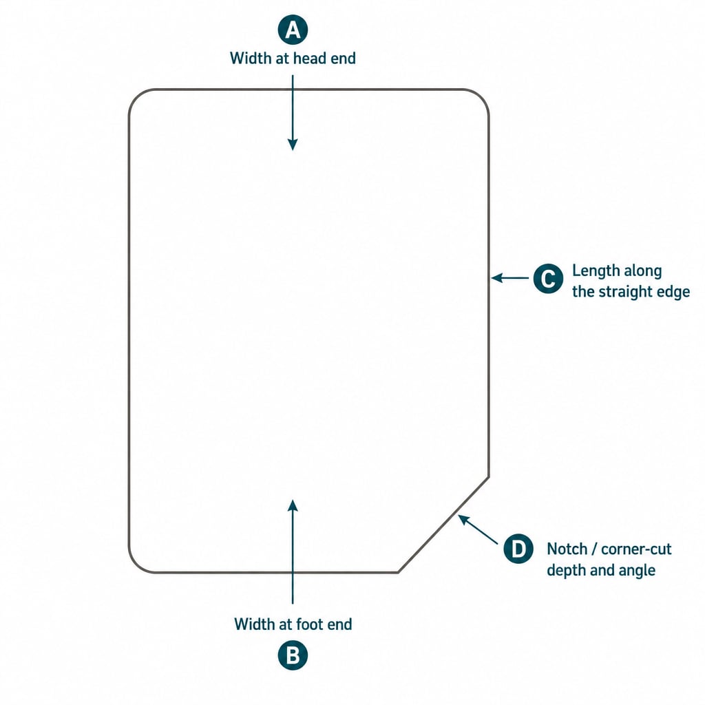 Diagram of a corner-cut RV mattress showing where to measure width at each end, length, and notch depth before ordering