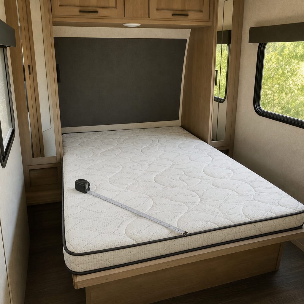 RV bedroom interior with a bare mattress on its platform beside a slide-out wall, tape measure resting on the edge, daylight