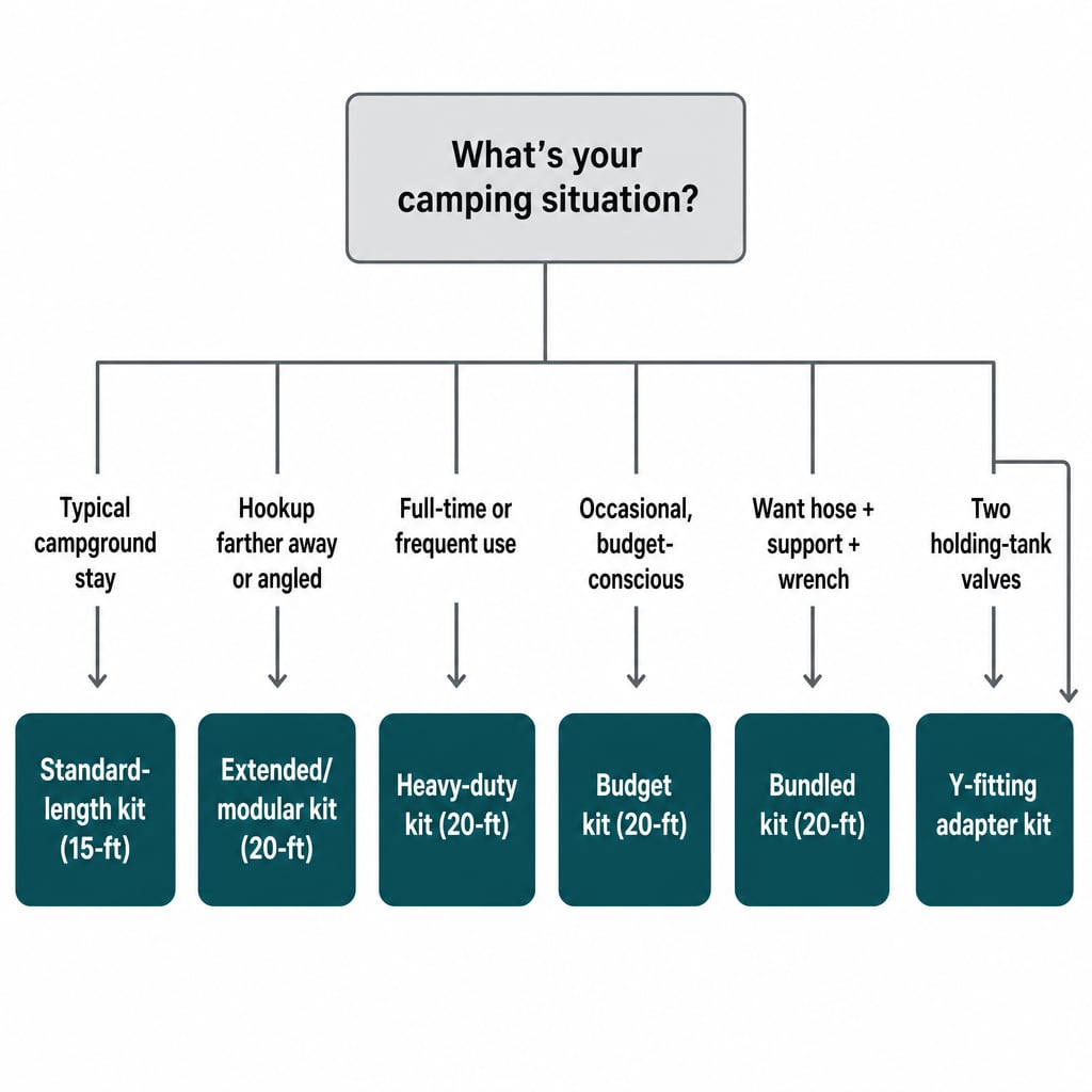 Decision tree showing which of 6 RV sewer hose kit types fits your camping situation, including the dual-tank Y-fitting case