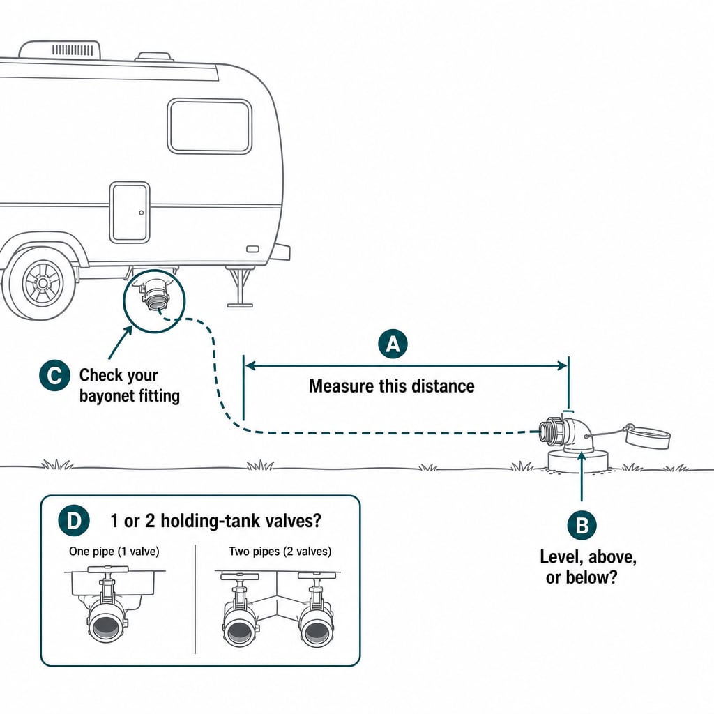 Diagram of what to check before ordering: distance and height to the sewer connection, your RV's fitting type, and valve count