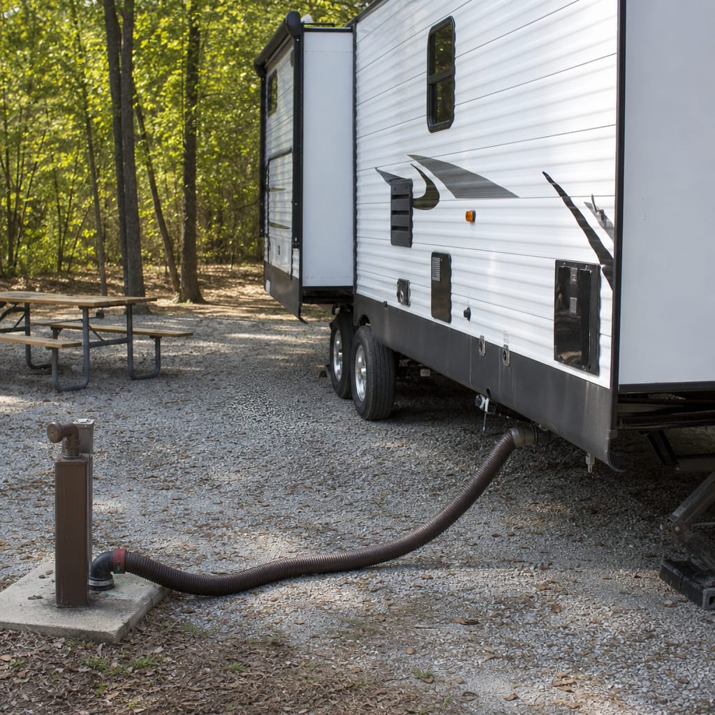 Travel trailer at a campground with a sewer hose connected between its outlet and a ground-level dump station