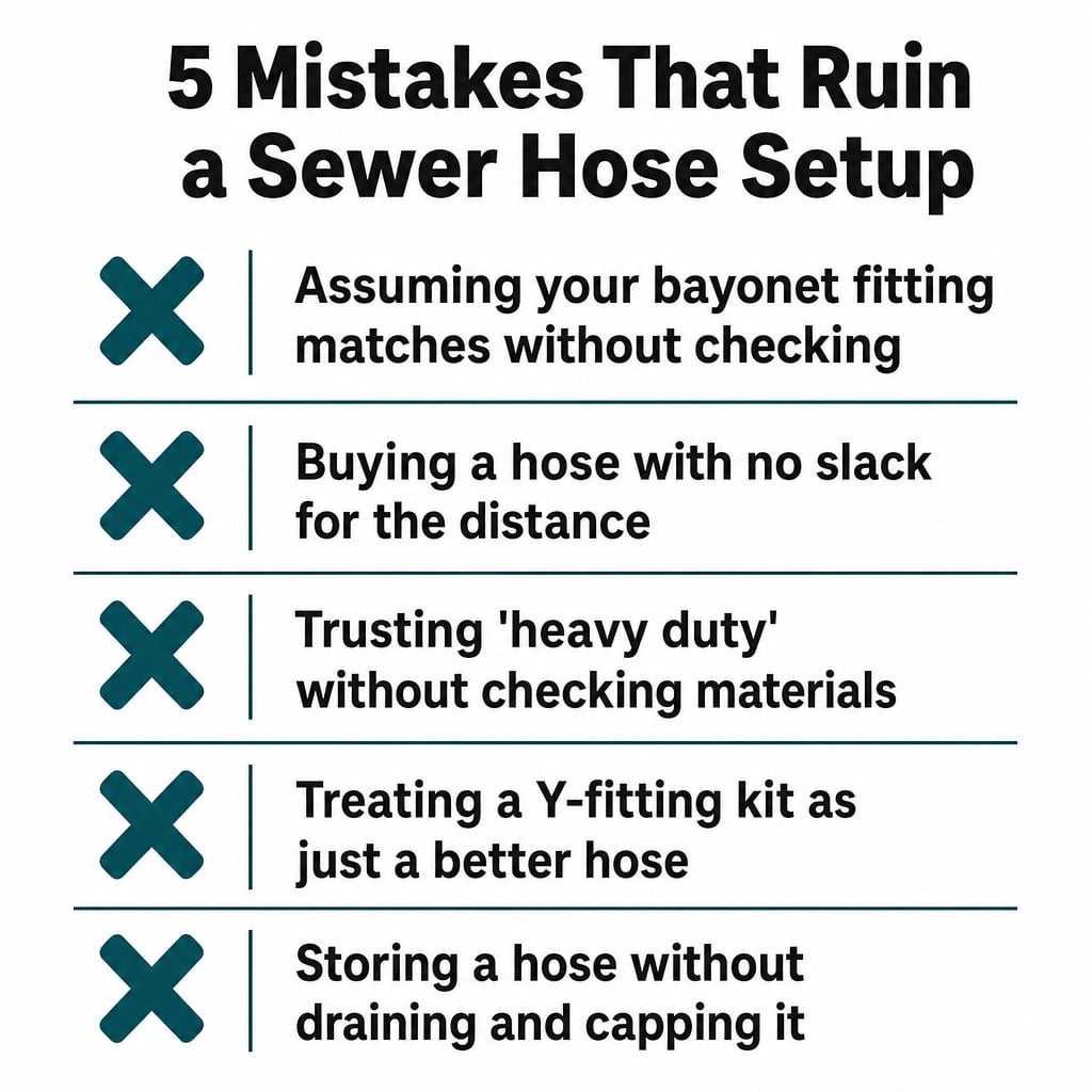 Five common RV sewer hose mistakes, from bayonet-fit assumptions to improper collapsed-hose storage