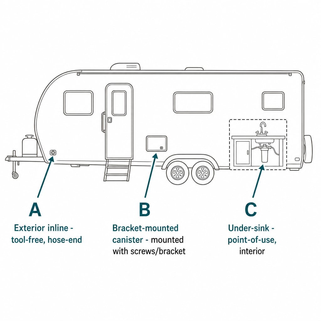 Side-view RV diagram showing three water filter install points: exterior hookup, wet-bay bracket, under-sink