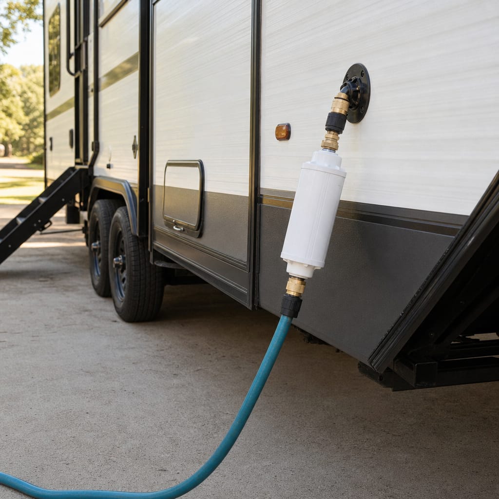 RV exterior city-water inlet with a hose and inline water filter attached, daylight, no brand logos visible