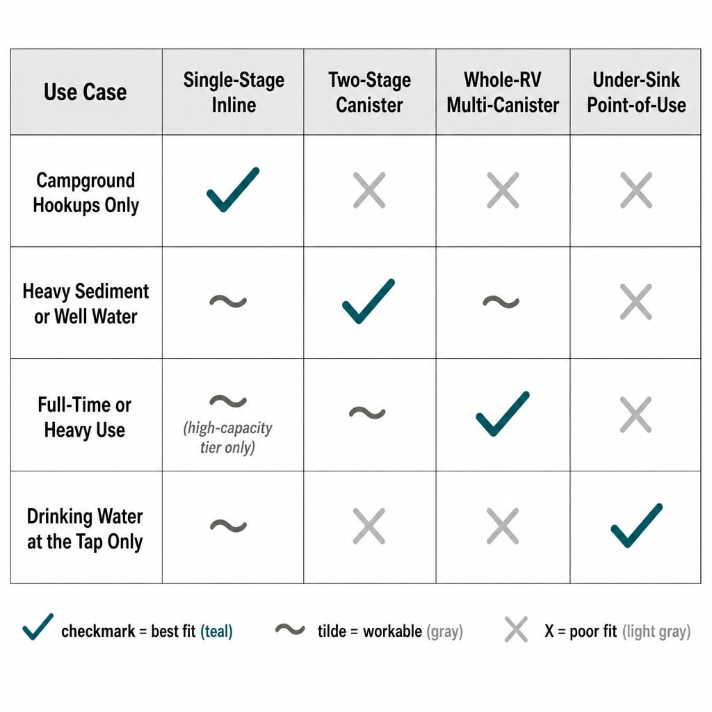 Matrix matching 4 RV water filter types to 4 use cases: campground hookups, sediment/well water, full-time use, tap-only drinking water